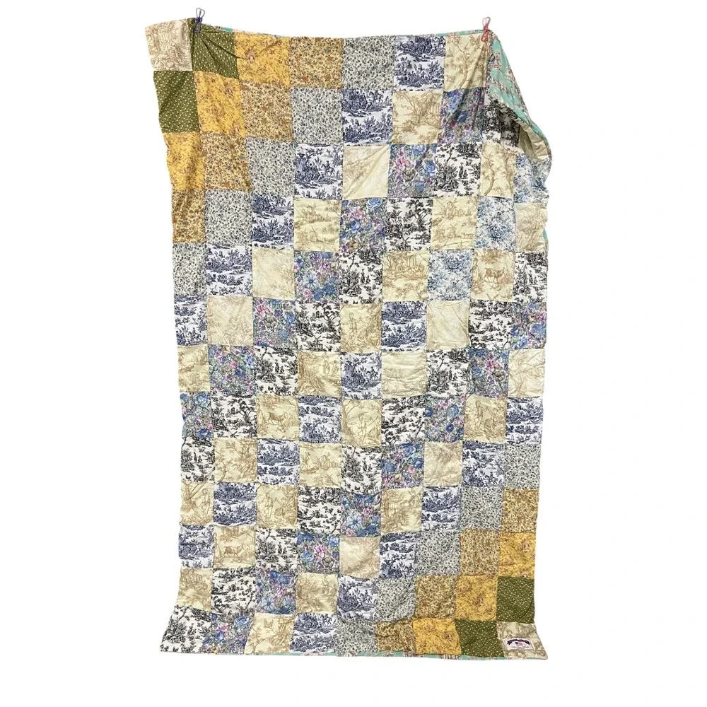 Vintage Handmade Patchwork Toile Floral Throw Quilt 70x42 Reversible
